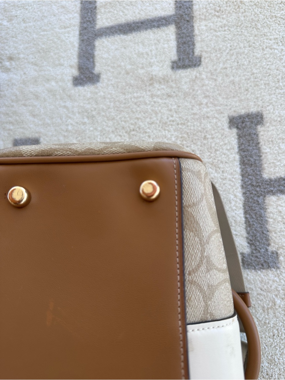Coach Beige and Ivory Signature Barrel Satchel with Detachable Strap - Picture 9 of 14